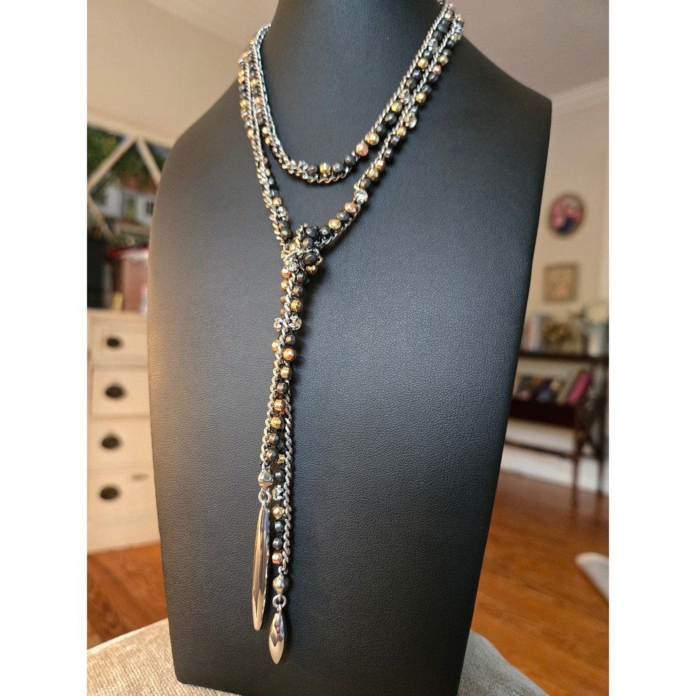 Beaded Sash Brown Goldtone Necklace Vintage